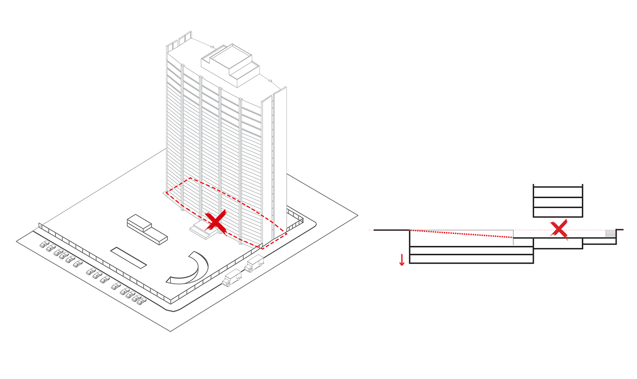 1. Remove raised ground floor in tower & introduce gentle slope to lower ground plaza